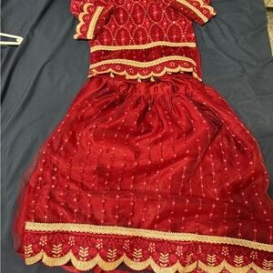 Girls Red Formal Dress with Gold Trim
